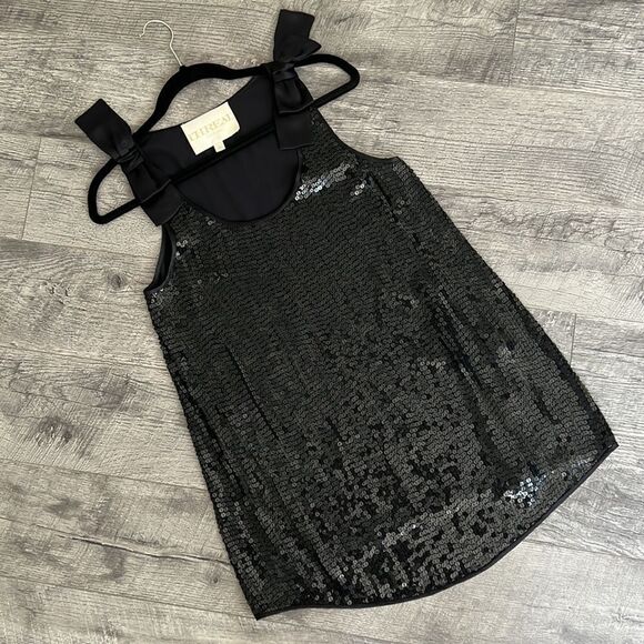 THREAL social 100% silk outgoing top black sequins bows Sz 2 - Picture 9 of 11